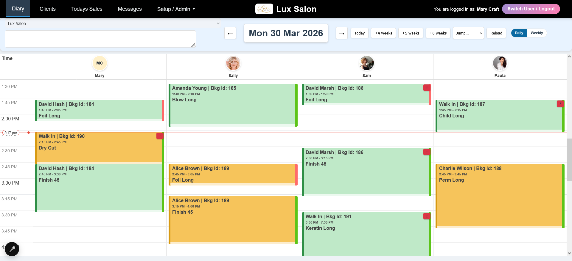 Phoenix Salon diary screen